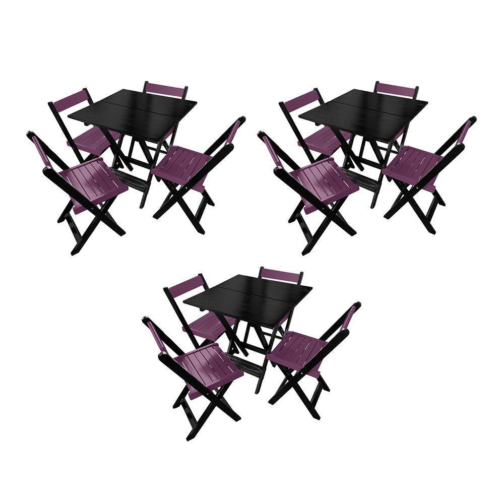 Kit 3 Mesas De Madeira Dobrável Preto 70x70 Com 4 Cadeiras Dobráveis Roxo - 1