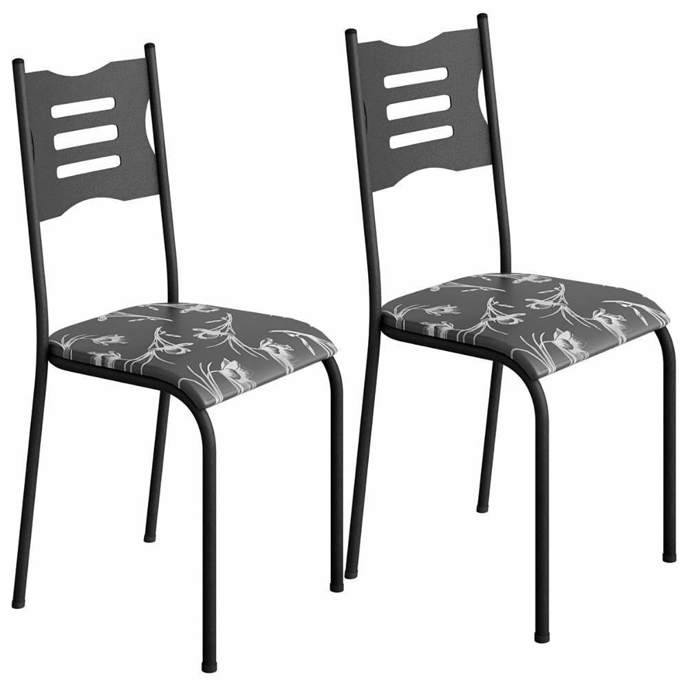Kit 2 Cadeiras 542 Sala Jantar Cozinha Pés Aço Tubular Floral Preto - 1