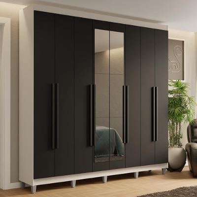 Guarda-roupa Casal Com Pés 8 Portas Batentes Com Espelho Branco-preto-branco Saturno Madesa