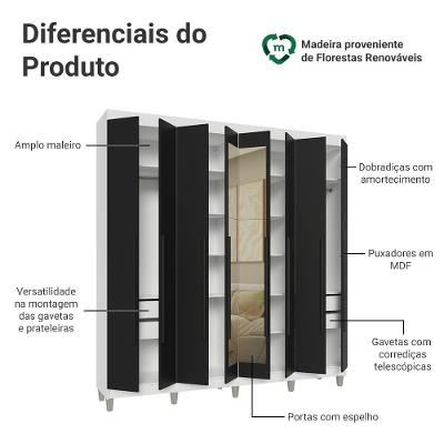 Guarda Roupa Casal Saturno 8 Portas Batentes 4 Gavetas Branco-Preto-Branco Madesa