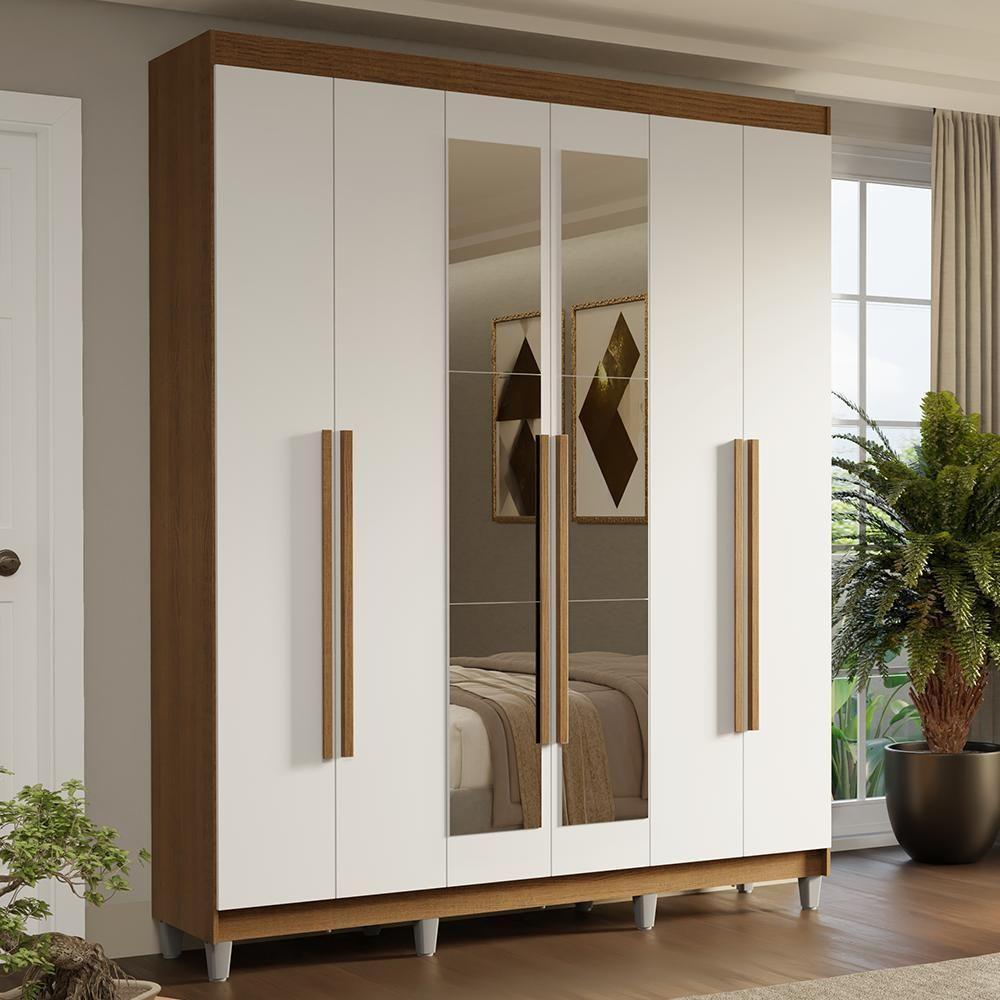 Guarda-roupa Casal Com Pés 6 Portas Batentes Com Espelho Rustic-branco-rustic Saturno Madesa - 1