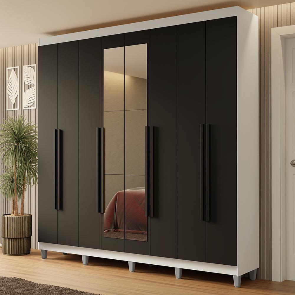 Guarda-roupa Casal Com Pés 8 Portas Batentes Com Espelho Branco-preto-preto Netuno Madesa - 1