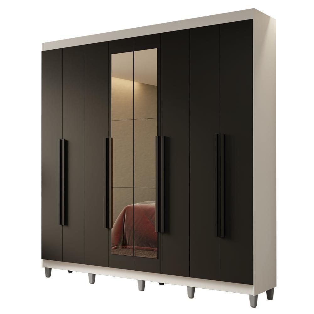 Guarda-roupa Casal Com Pés 8 Portas Batentes Com Espelho Branco-preto-preto Netuno Madesa - 2