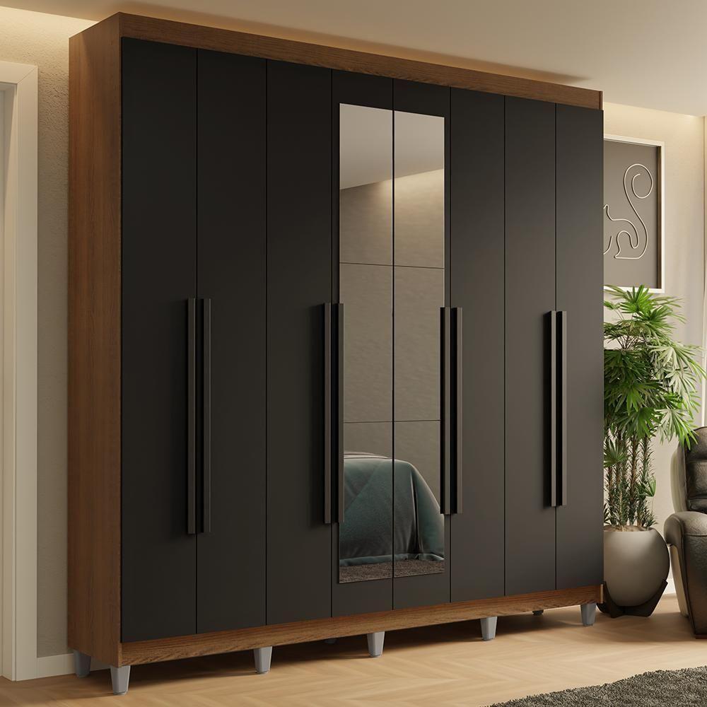 Guarda-roupa Casal Com Pés 8 Portas Batentes Com Espelho Rustic-preto-preto Saturno Madesa - 1
