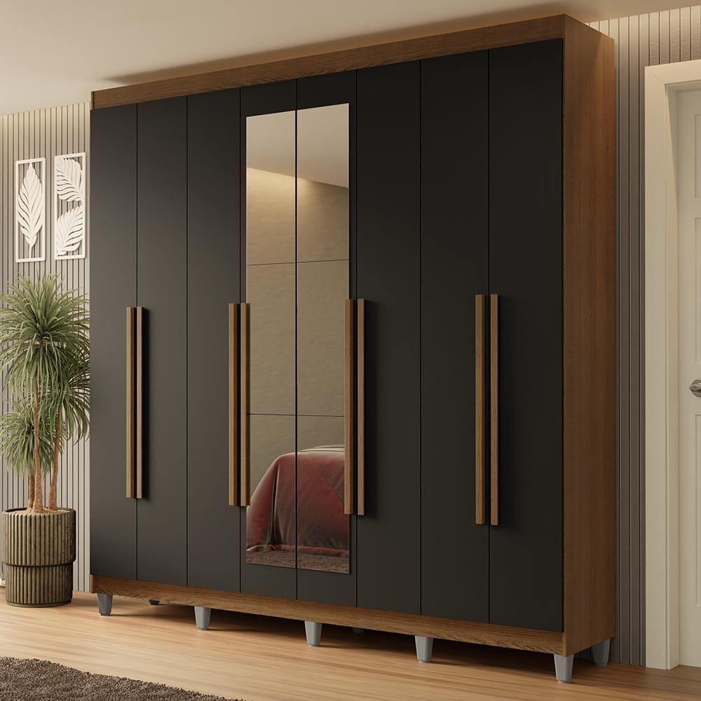 Guarda-roupa Casal Com Pés 8 Portas Batentes Com Espelho Rustic-preto-rustic Netuno Madesa - 1