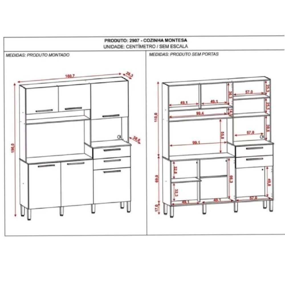 Kit Cozinha Montesa 160cm 6 Portas E 2 Gavetas Kits Paraná Freijo Cris - 4