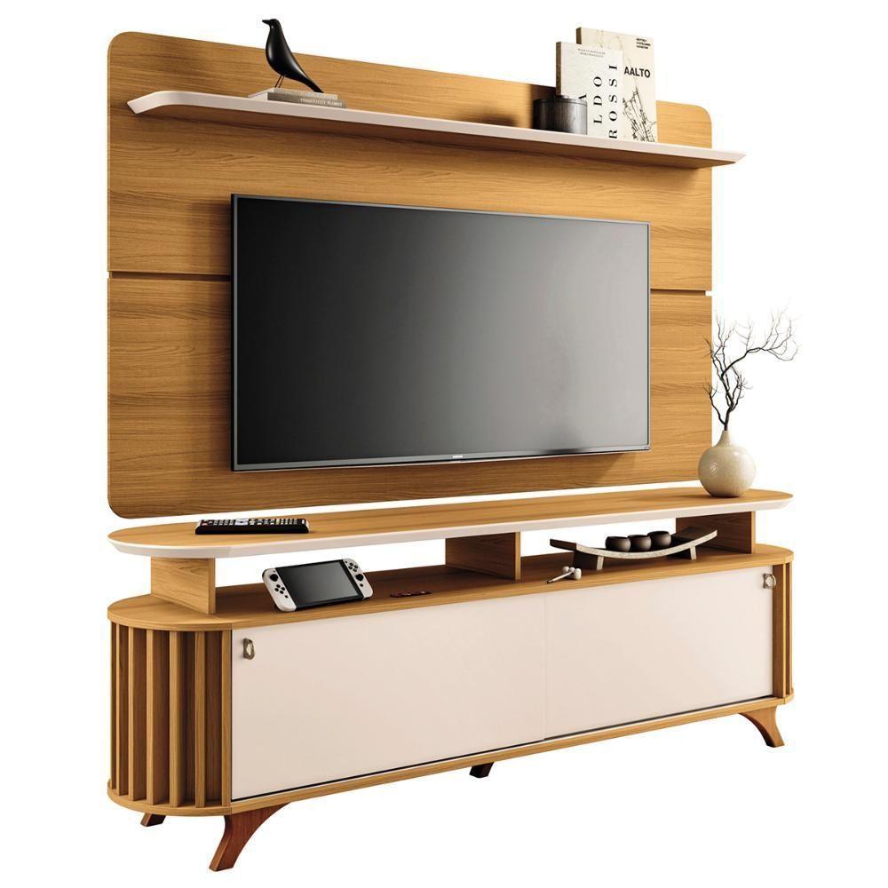 Kit Bancada Alba E Painel Curv Tv Até 70 Pés Madeira Maciça Cinamomo Off White - 1