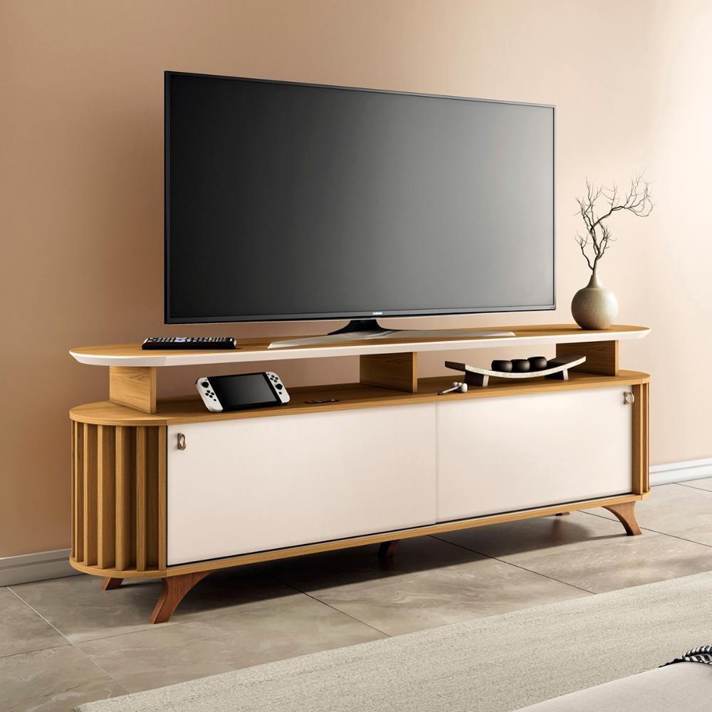 Rack Bancada Alba Tv Até 70 Polegadas Pés Madeira Maciça Cinamomo Off White - 2