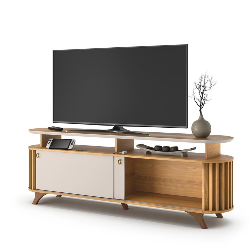 Rack Bancada Alba Tv Até 70 Polegadas Pés Madeira Maciça Cinamomo Off White - 5