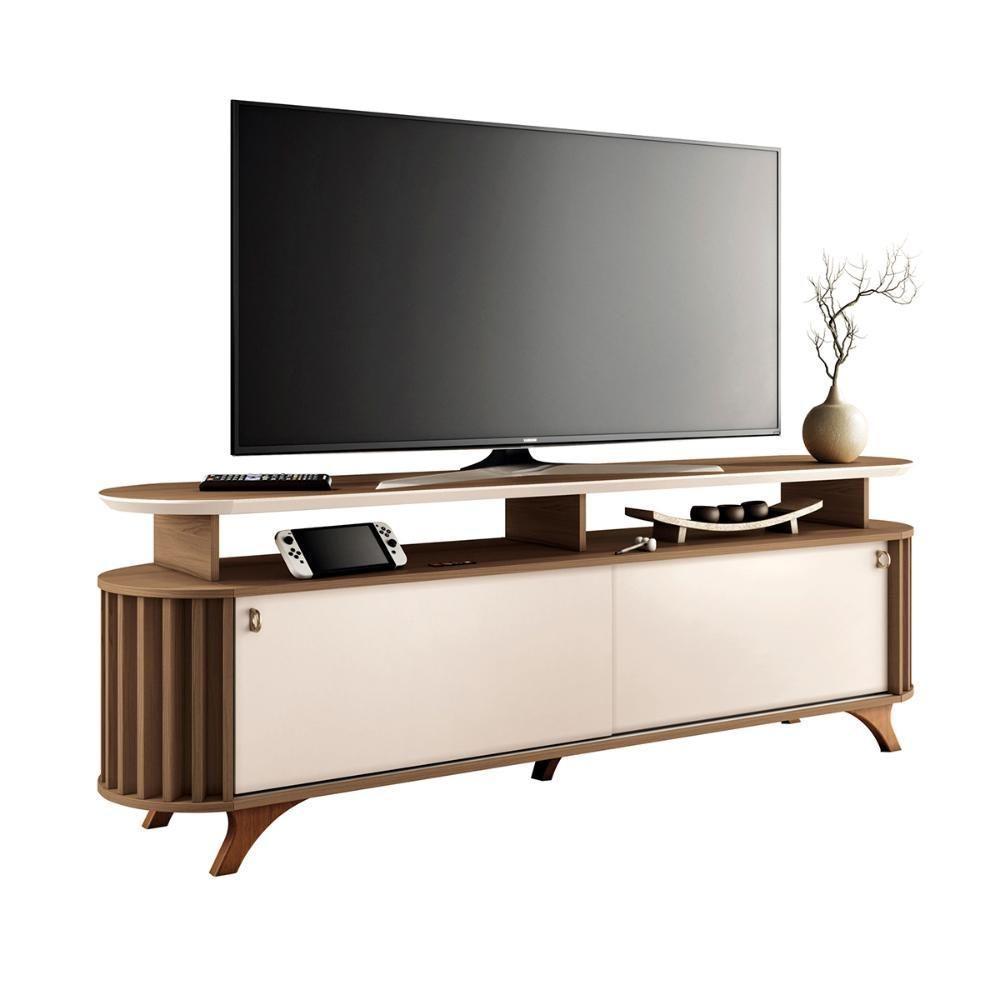 Rack Bancada Alba Tv Até 70 Polegadas Pés Madeira Maciça Castanho Off White - 1