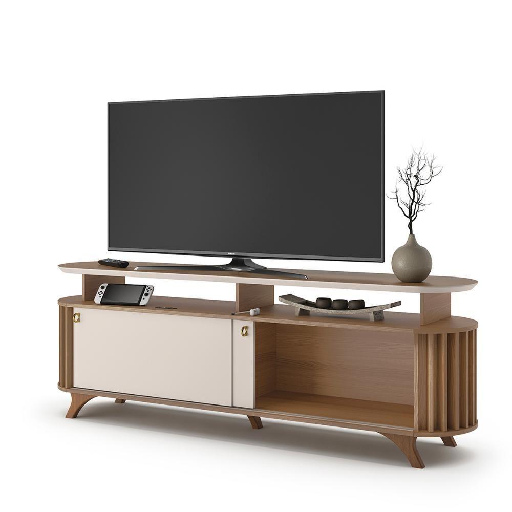 Rack Bancada Alba Tv Até 70 Polegadas Pés Madeira Maciça Castanho Off White - 3