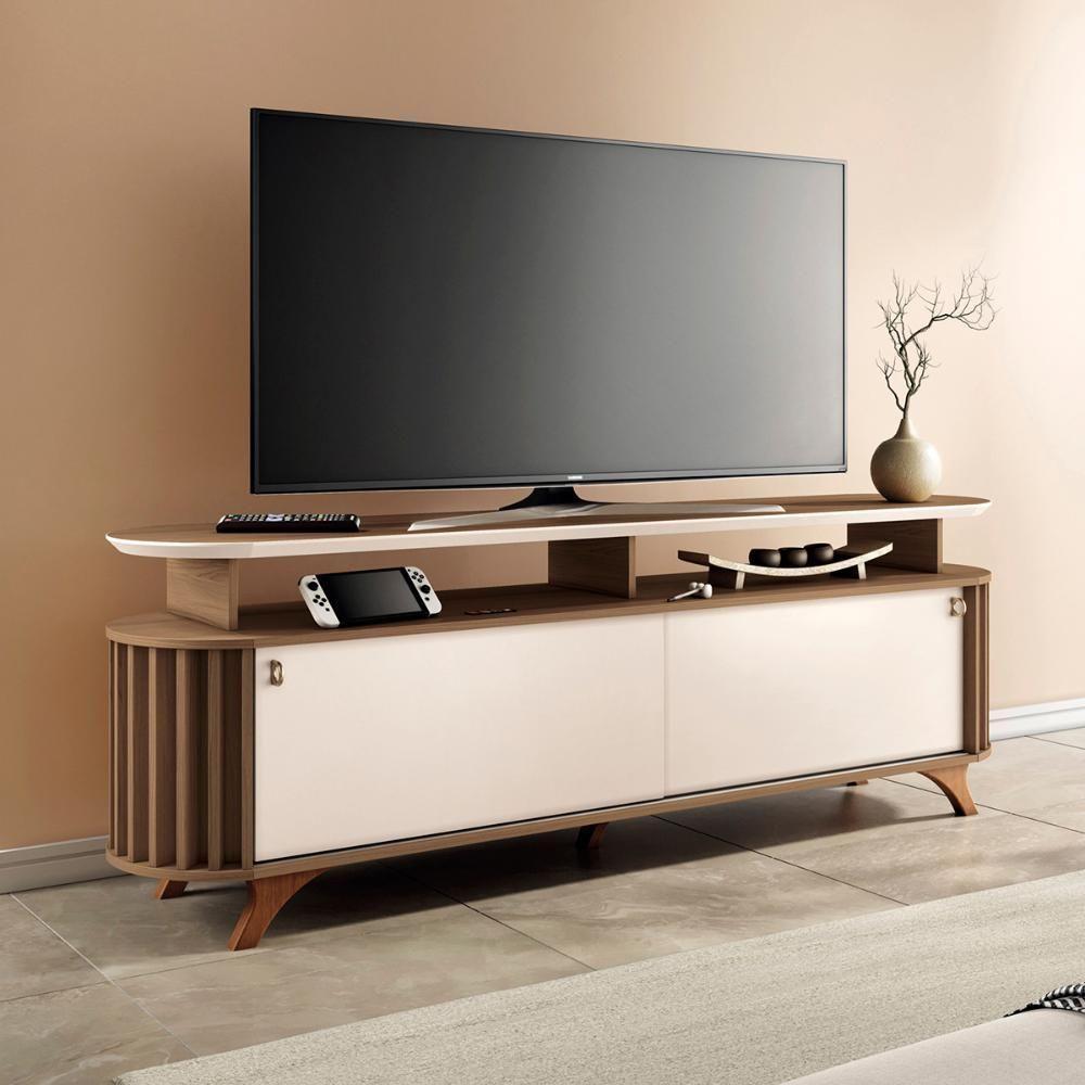 Rack Bancada Alba Tv Até 70 Polegadas Pés Madeira Maciça Castanho Off White - 5
