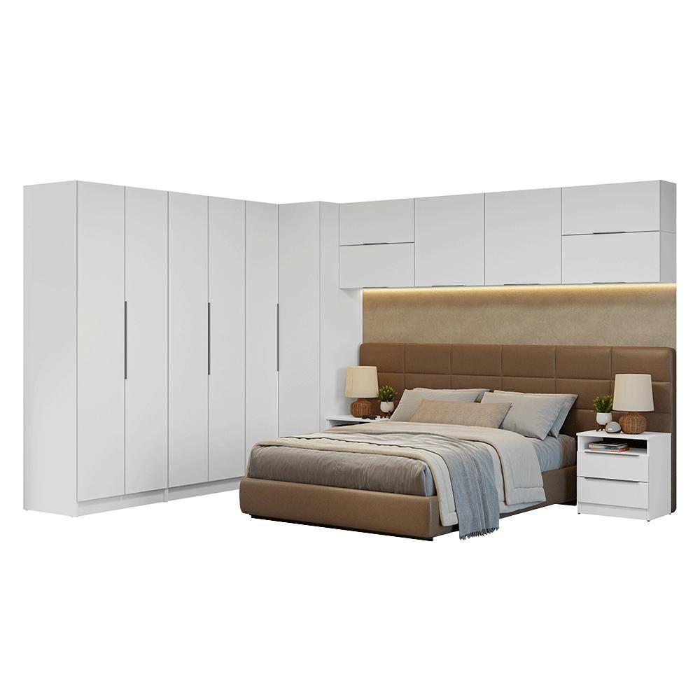 Quarto Completo Casal De Canto 610 Cm Com Mesa De Cabeceira Branco Neo Madesa - 2