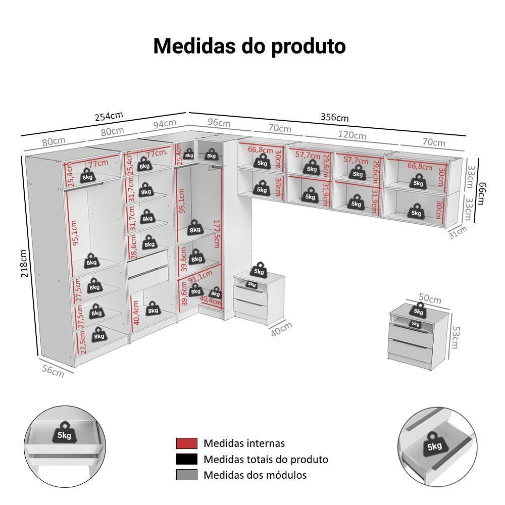 Quarto Completo Casal De Canto 610 Cm Com Mesa De Cabeceira Branco Neo Madesa - 3