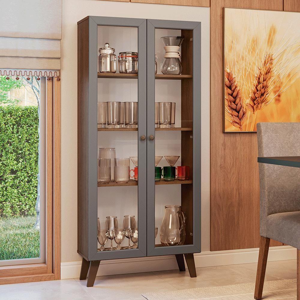 Cristaleira 70 Cm 2 Portas De Vidro Com Pés Trapézio Rustic-cinza-rustic Vik Madesa - 1