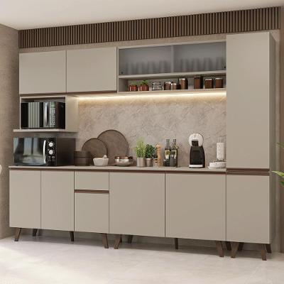 Armário de Cozinha Completa Nice 10 Portas 1 Gaveta MDF 280 cm Creme com Vidro Pontilhado
