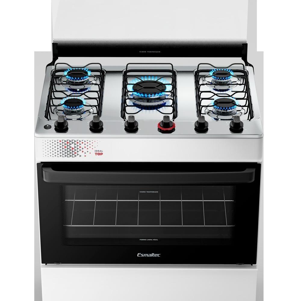 Fogão Esmaltec 5 Bocas Ideal Top Mesa Inox Tampa De Vidro Forno 84 Litros Branco T5IAB Bivolt - 5