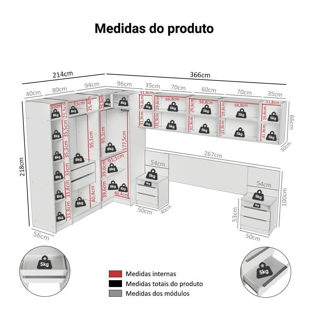 Quarto Completo Casal De Canto 580 Cm Com Mesa De Cabeceira Branco Neo Madesa - 3