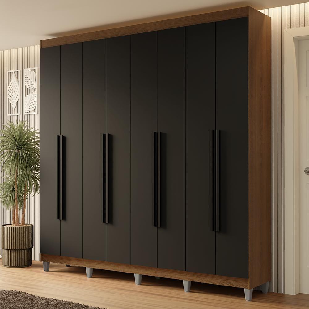 Guarda-roupa Casal Com Pés 8 Portas Batentes Rustic-preto-preto Netuno Madesa - 1