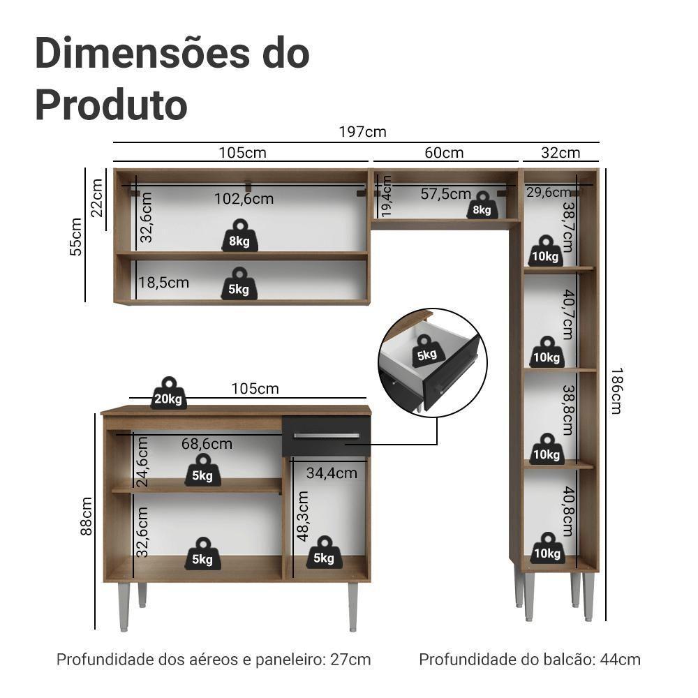 Armário De Cozinha Completa 197 Cm Rustic-preto Emilly Madesa 01 - 3