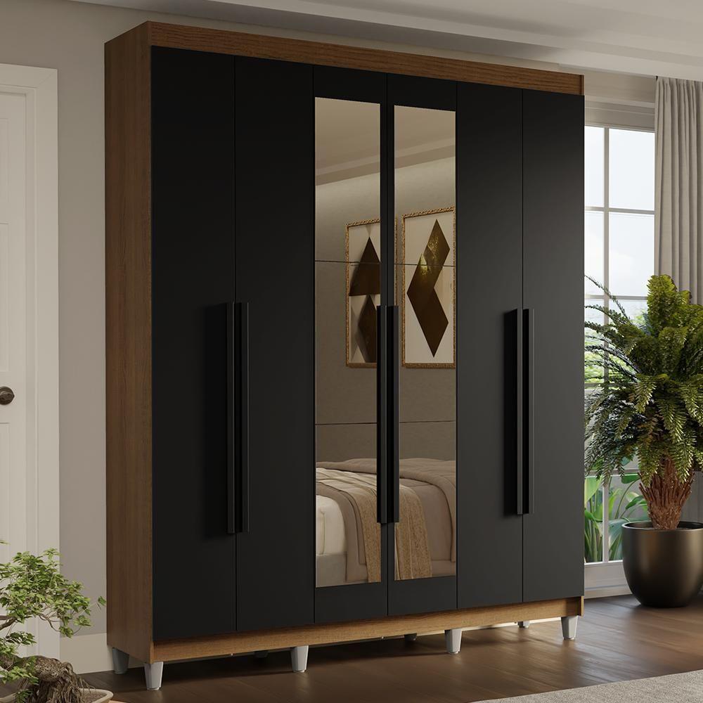 Guarda-roupa Casal Com Pés 6 Portas Batentes Com Espelho Rustic-preto-preto Saturno Madesa - 1