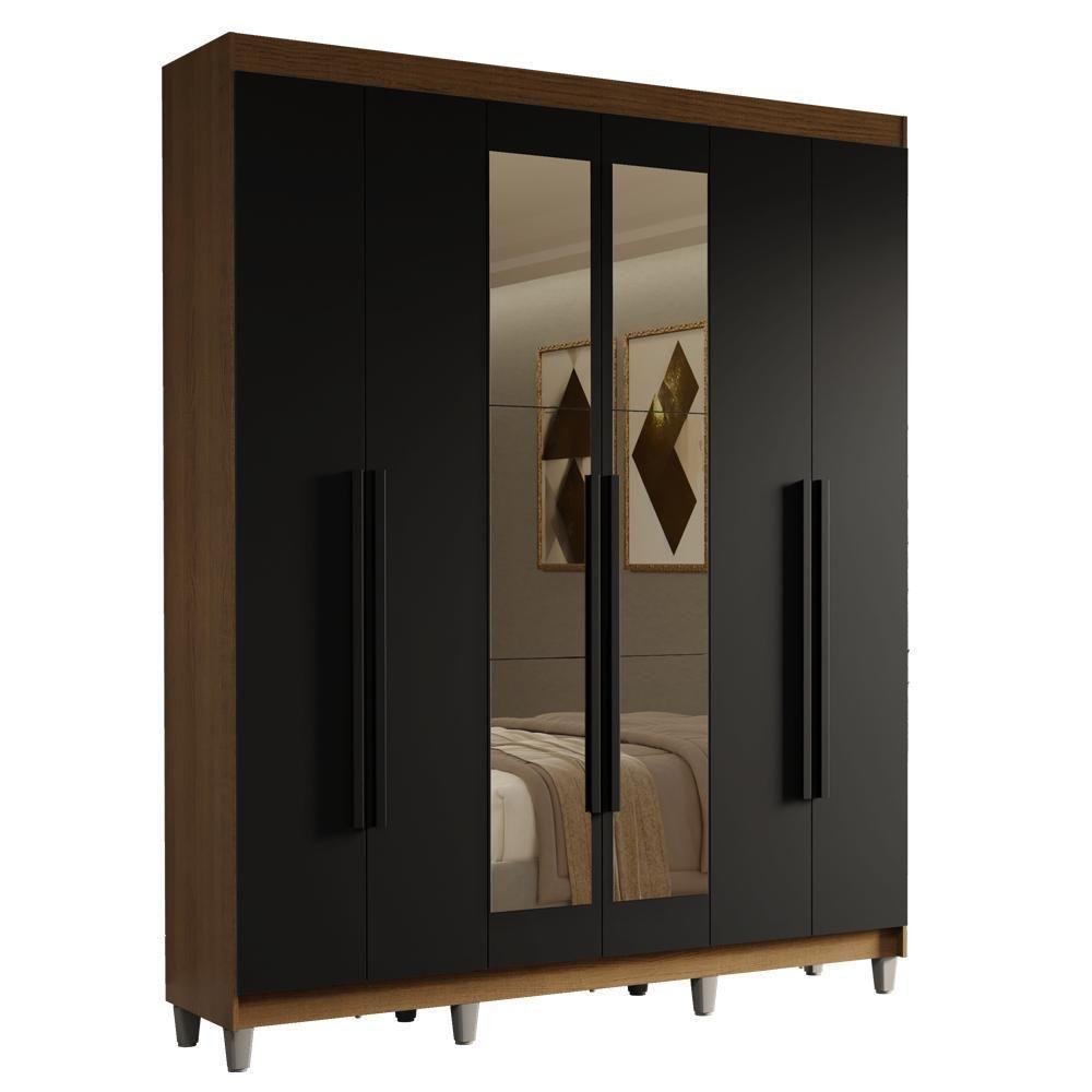Guarda-roupa Casal Com Pés 6 Portas Batentes Com Espelho Rustic-preto-preto Saturno Madesa - 2