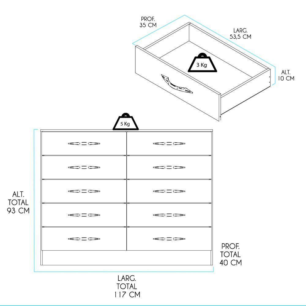 Cômoda Grande 10 Gavetas 117x92cm Mdp 3017 Menu Móveis Carvalho - 3