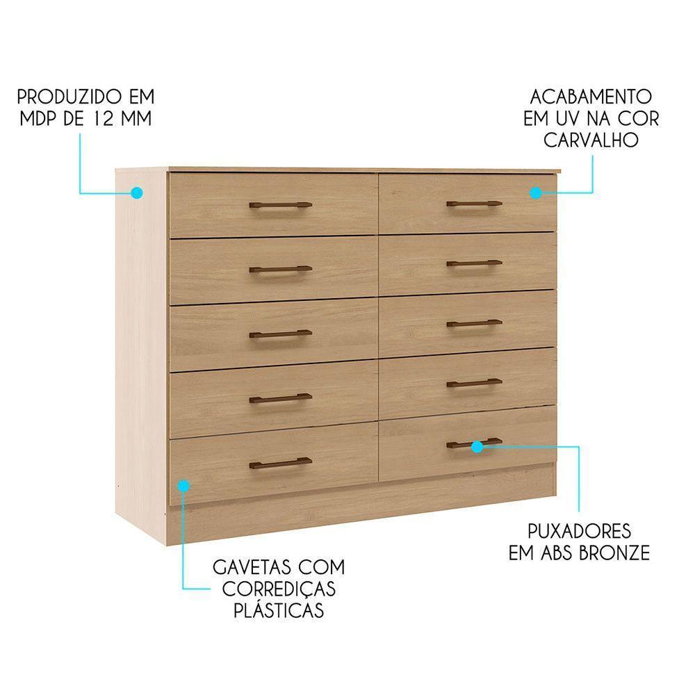 Cômoda Grande 10 Gavetas 117x92cm Mdp 3017 Menu Móveis Carvalho - 4