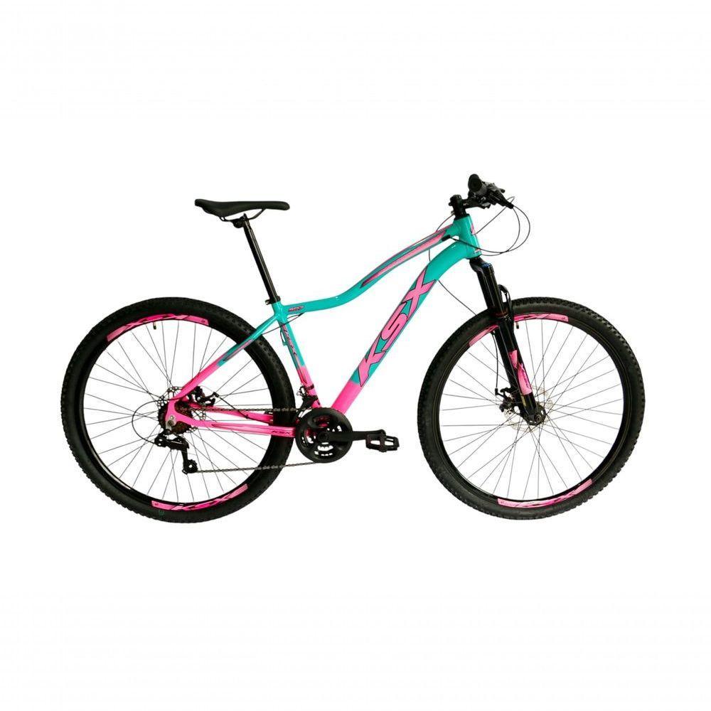 Bicicleta Aro 29 Ksx Sd7 Feminina 21v Cabos Internos Alumínio Freios A Disco Garfo Suspensão Rosa Verde Tamanho 17 - 1