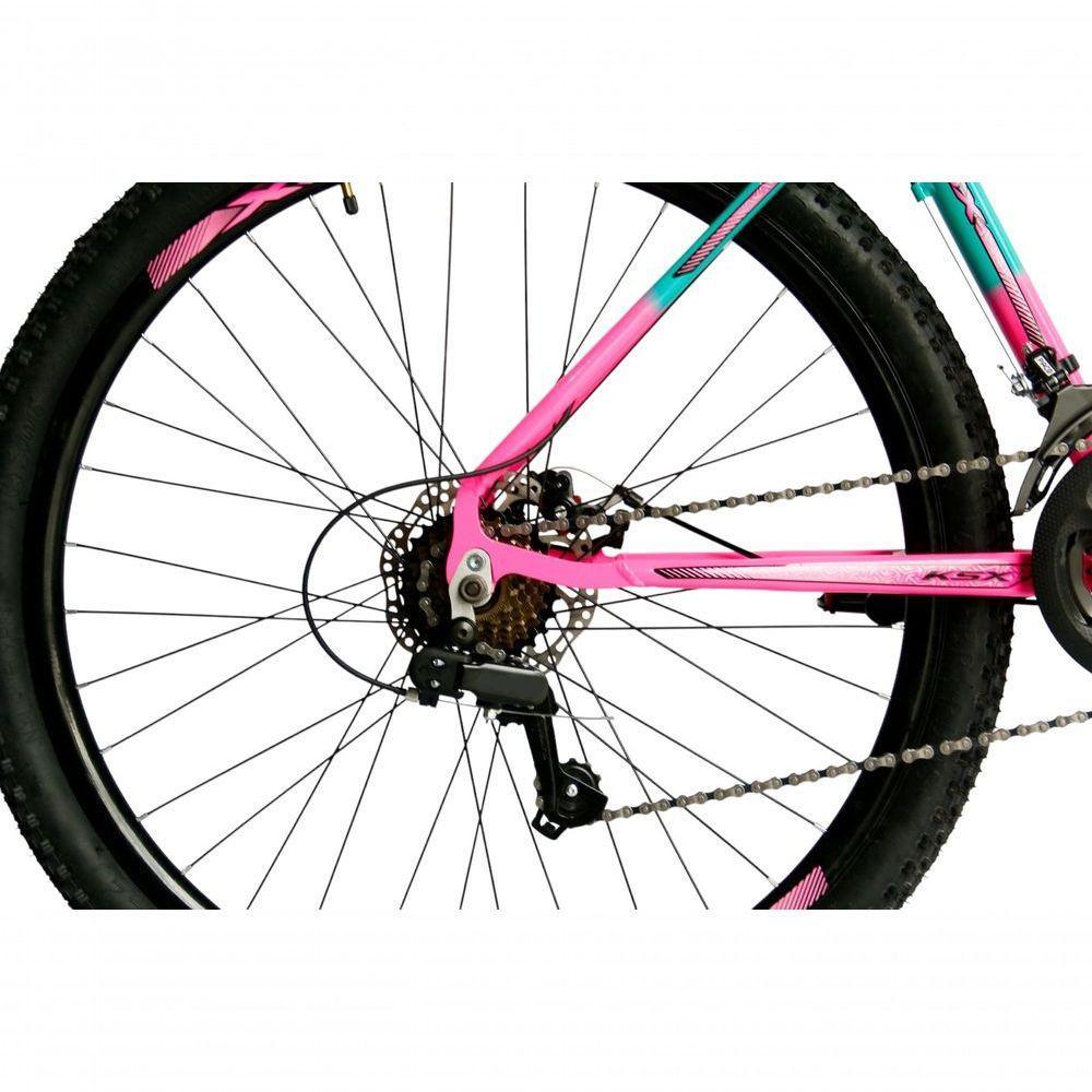 Bicicleta Aro 29 Ksx Sd7 Feminina 21v Cabos Internos Alumínio Freios A Disco Garfo Suspensão Rosa Verde Tamanho 17 - 4