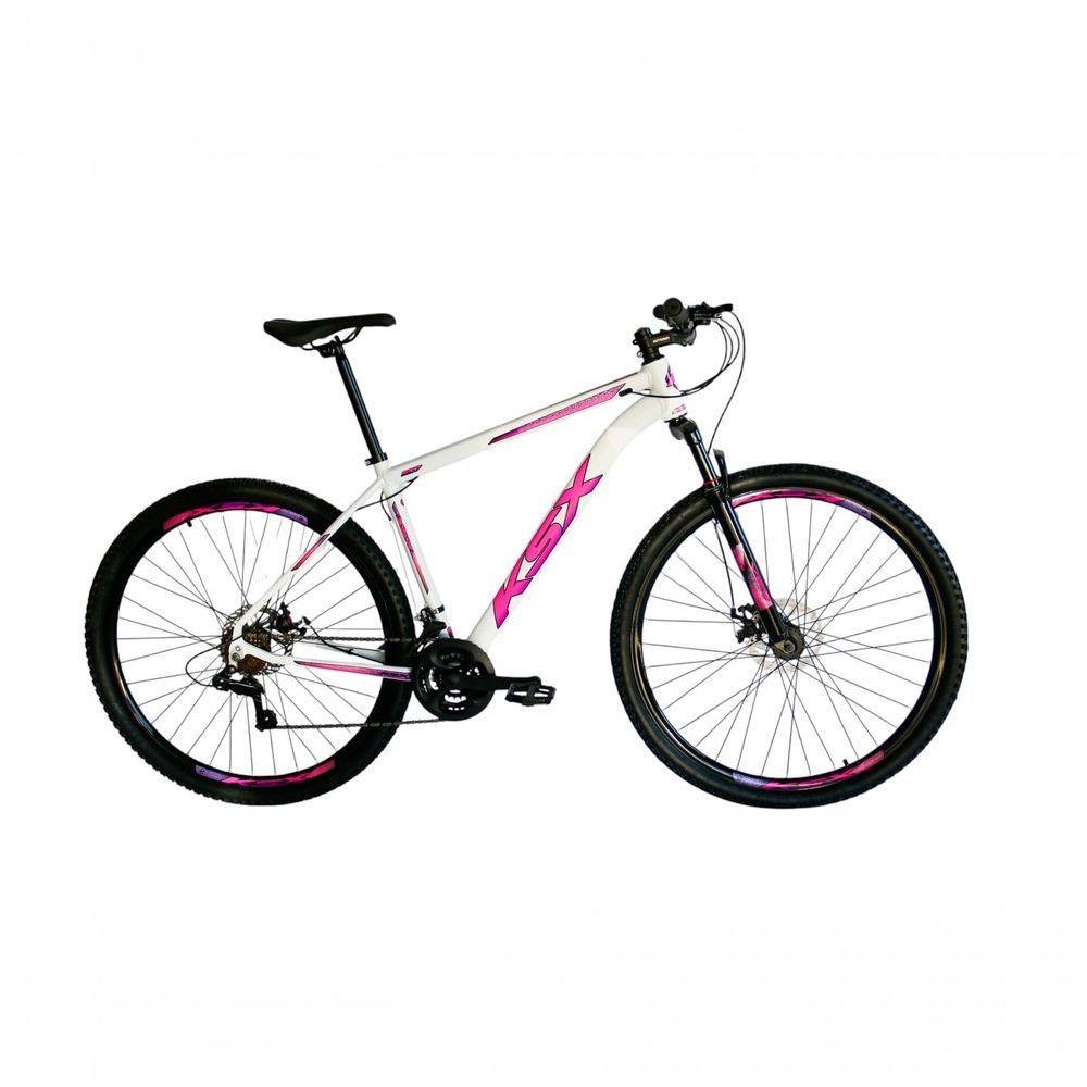 Bicicleta Aro 29 Ksx Sd7 21v Cabos Internos Alumínio Freios A Disco Garfo Suspensão Branco Rosa Violeta Tamanho 17 - 1