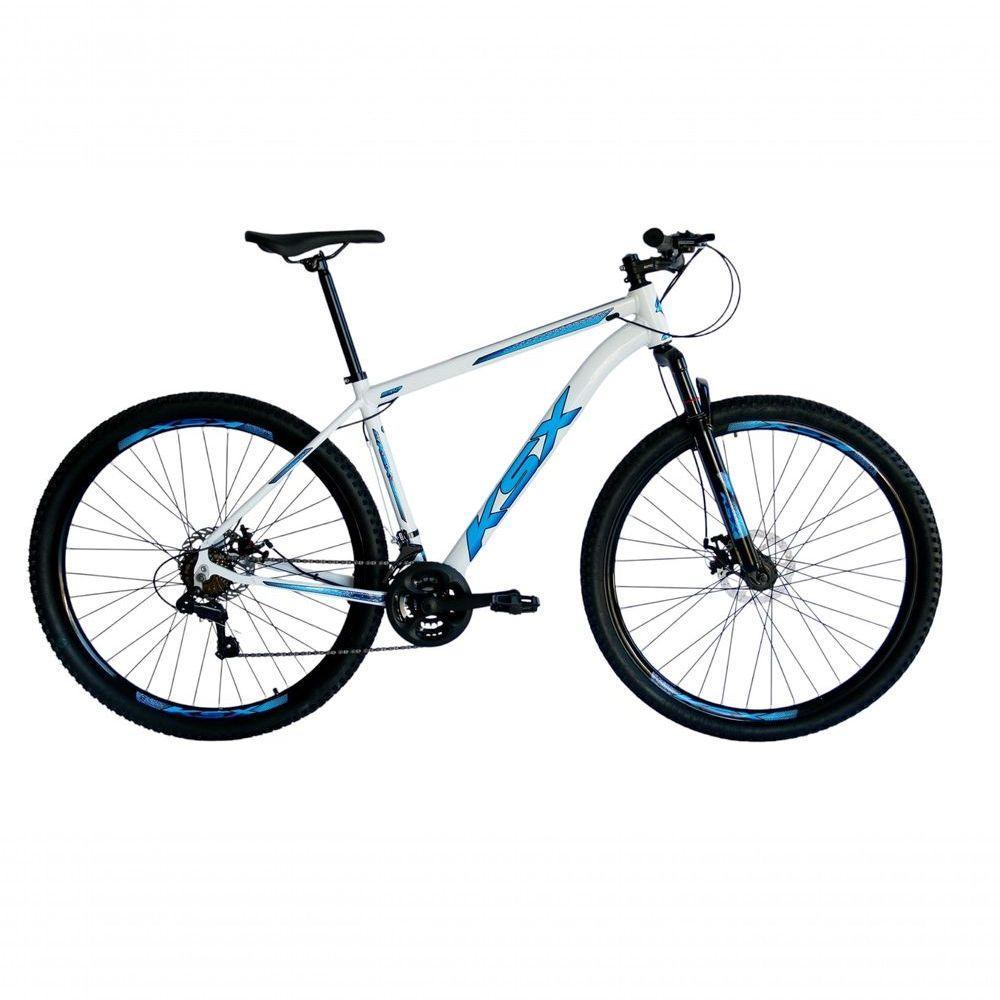 Bicicleta Aro 29 Ksx Sd7 21v Cabos Internos Alumínio Freios A Disco Garfo Suspensão Branco Azul Tamanho 15 - 1