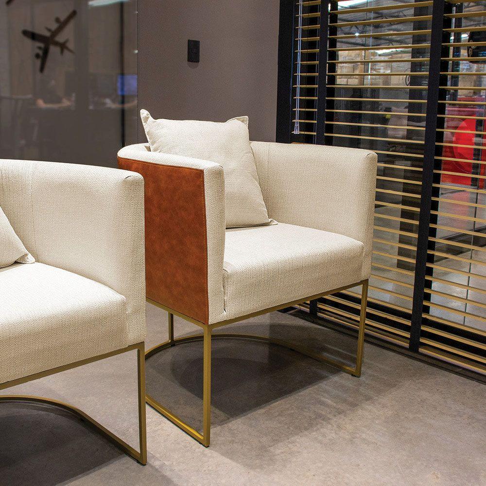 Poltrona Corano Nozes Linho Base Metálica Dourado - 6