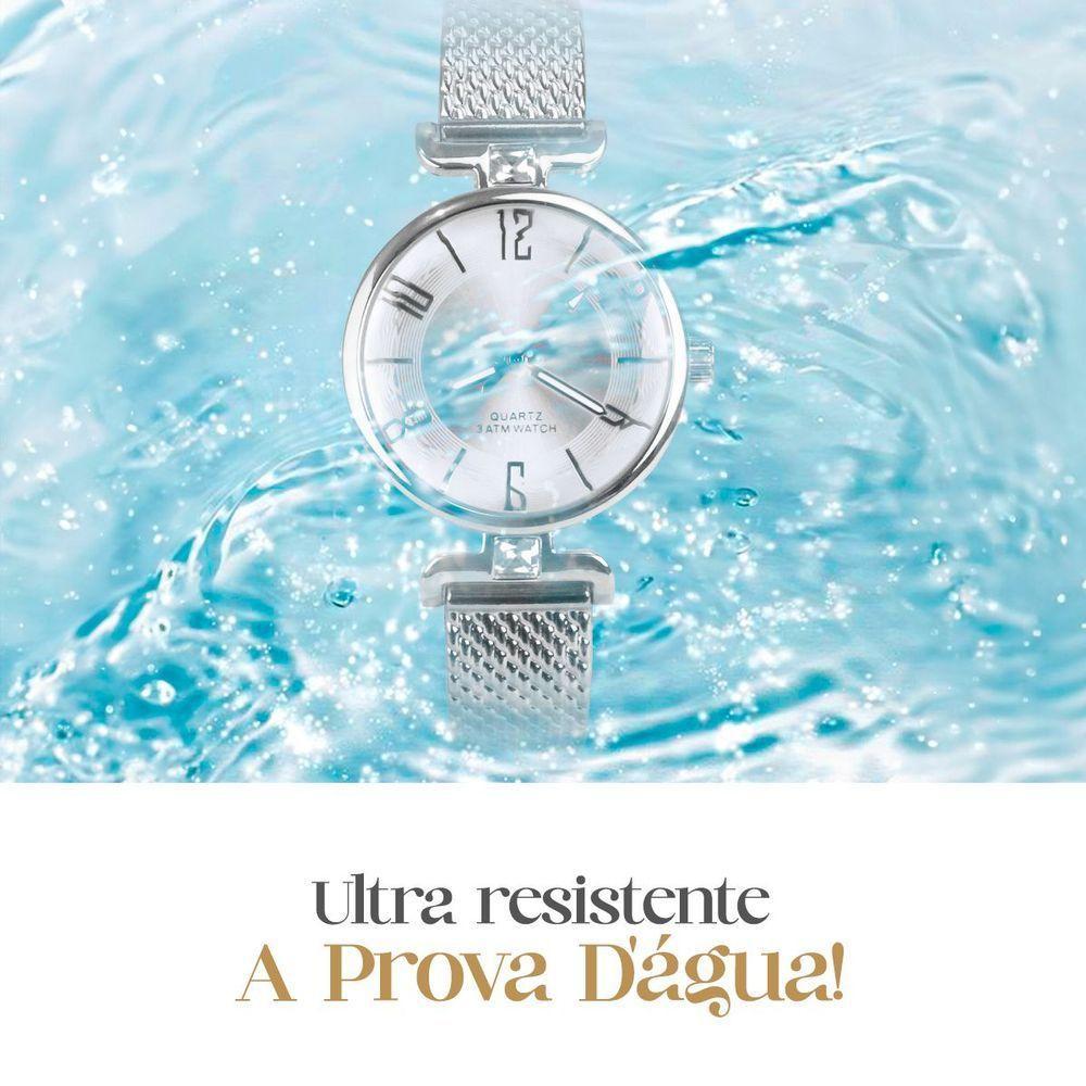Relogio Feminino Prata Silicone Aço Inox Prova Dagua + Caixa Pulseira Ajustavel Strass Casual Moda - 3