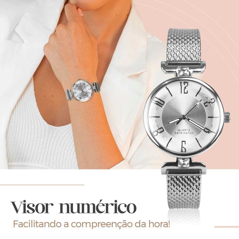 Relogio Feminino Prata Silicone Aço Inox Prova Dagua + Caixa Pulseira Ajustavel Strass Casual Moda - 5