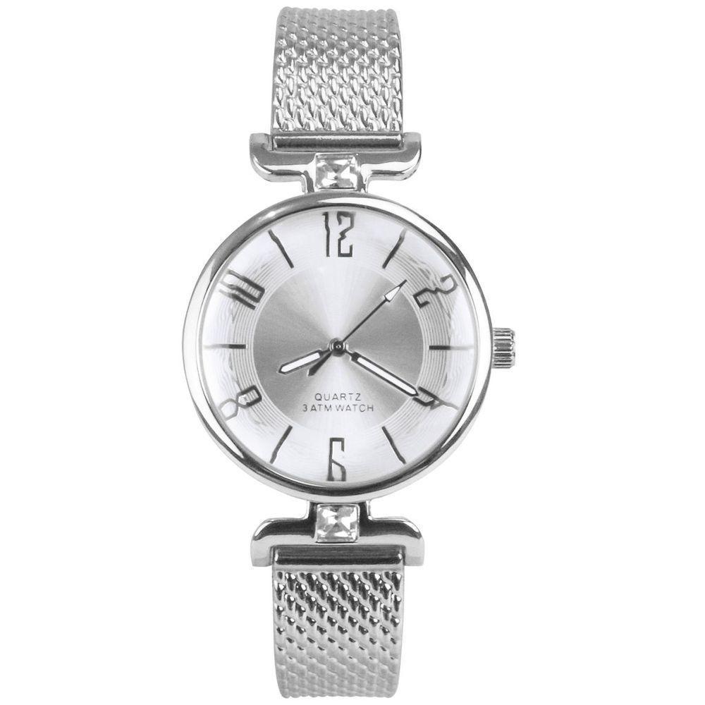 Relogio Feminino Prata Silicone Aço Inox Prova Dagua + Caixa Pulseira Ajustavel Strass Casual Moda - 6