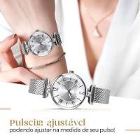 Relogio Feminino Prata Silicone Aço Inox Prova Dagua + Caixa Pulseira Ajustavel Strass Casual Moda