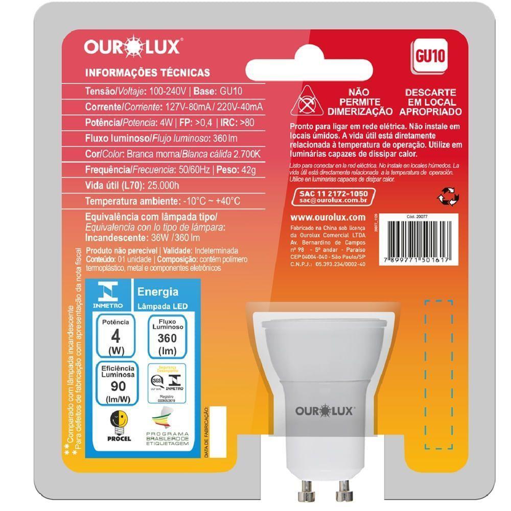 Lâmpada Superled Mr16 Gu10 De 4 Watts E 2700k - 20077 - Ourolux Lâmpada Superled Gu10 4w Bivolts 2700k - 20077 - Ourolux - 2