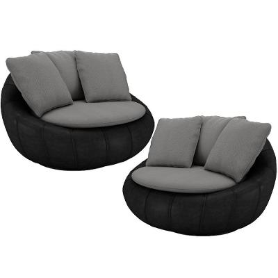 Kit 02 Poltronas Para Sala De Estar Decorativa Giratória Kira Couríssimo Preto Linho Cinza - Lyam Decor