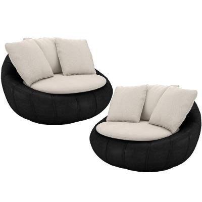 Kit 02 Poltronas Para Sala De Estar Decorativa Giratória Kira Couríssimo Preto Linho Cru - Lyam Decor