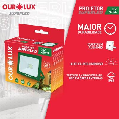 Projetor Slim Superled Verde 10 Watts Bivolt - 03280 - Ourolux Refletor Led Slim 10w Bivolt Verde Ourolux