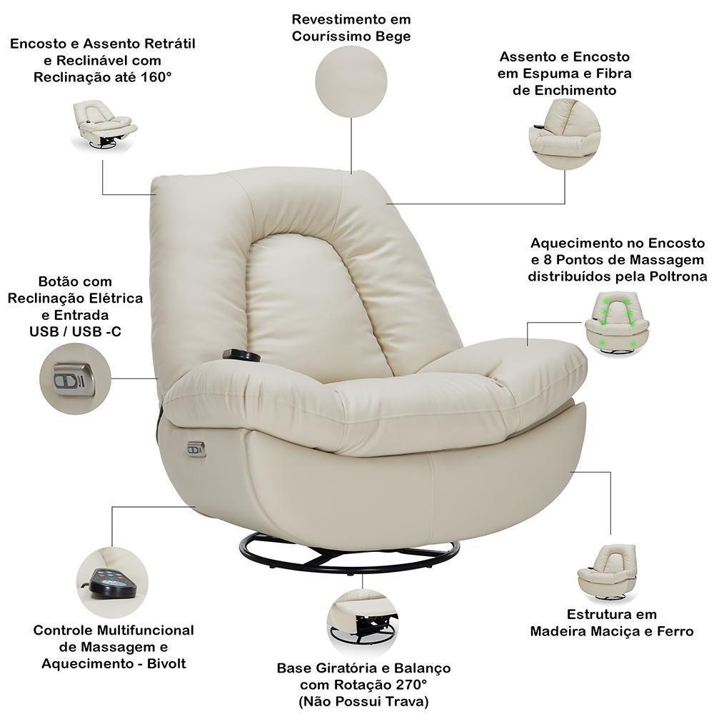 Poltrona Reclinável Elétrica Com Massagem E Aquecimento Salvana L07 Couríssimo Bege - Lyam Decor - 4