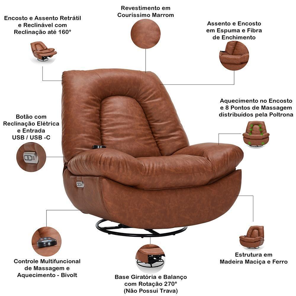 Poltrona Reclinável Elétrica Com Massagem E Aquecimento Salvana L07 Couríssimo Marrom - Lyam Decor - 4