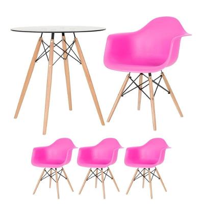Mesa Redonda Tampo De Vidro 70 Cm + 3 Cadeiras Rosa Pink