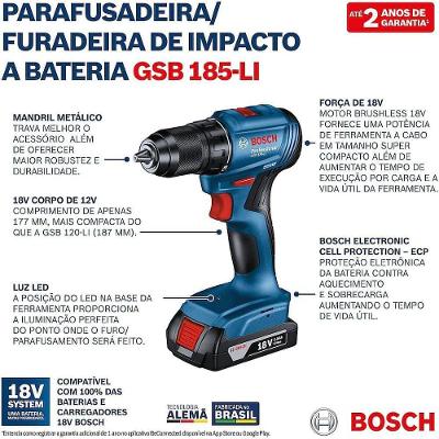 Kit Furadeira Gsb 185-li + Esmerilhadeira Gws 180-li Com 2 Baterias - 06019h90e5000 - Bosch