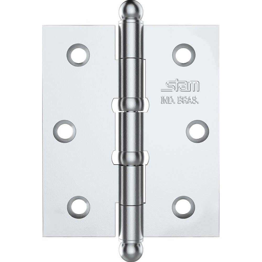 Dobradiça Pino E Bola 3" X 2.1-2" X 1,7mm Cromado Com 2 Anéis E Canto Reto - 42048 - Stam - 1