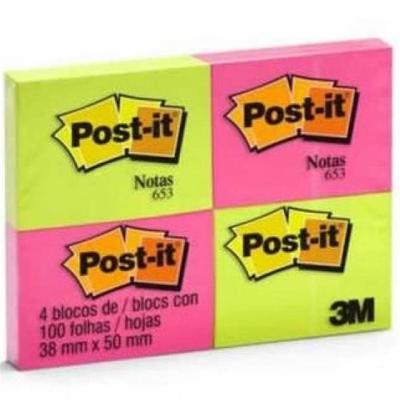 Post-it Neon Sortidos 4 Blocos De 100 Folhas 38x50mm Ht653 - Hb004088314 - 3m Post-it Neon Sort 100f 4bl 38x50 Ht653