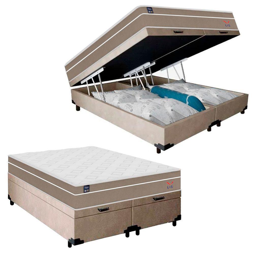 Cama Box Baú Casal Bipartido Suede + Colchão Lis Molas Ensacadas Plumatex Bege - 1