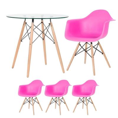 Mesa Redonda Tampo De Vidro 80 Cm + 3 Cadeiras Rosa Pink