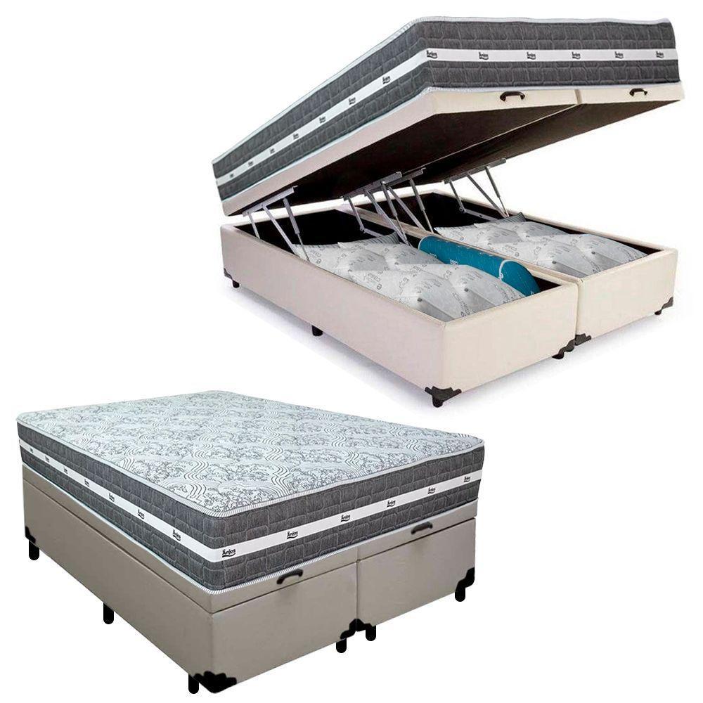 Cama Box Baú Casal Bipartido Sintético + Colchão Anjos Black Graphite Molas Ensacadas 138x188x64cm Branco - 1